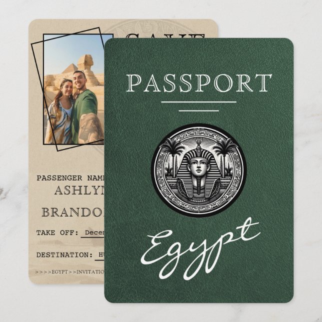 Green Egypt Passport Wedding Save the Date (Devant / Derrière)