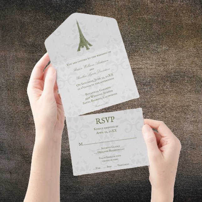 Green Eiffel Tower Damask All in One Wedding All In One Invitation (Green Eiffel Tower Damask All in One Wedding Invite)