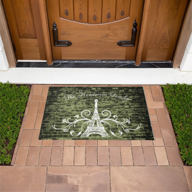 Green Eiffel Tower Grunge Personalized Door Mat (Outdoor)
