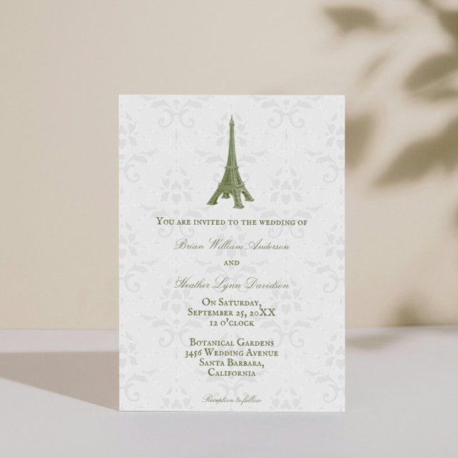 Green Eiffel Tower Mariage damassé Invitation (Green Eiffel Tower Damask Wedding Invitation)