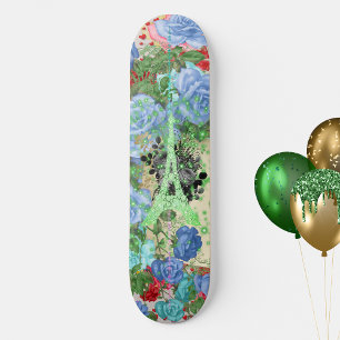 Green Eiffel Tower on collage Skateboard