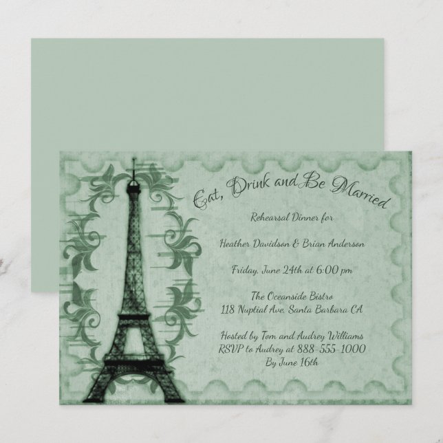 Green Eiffel Tower Rehearsal Dinner Invitation (Front/Back)