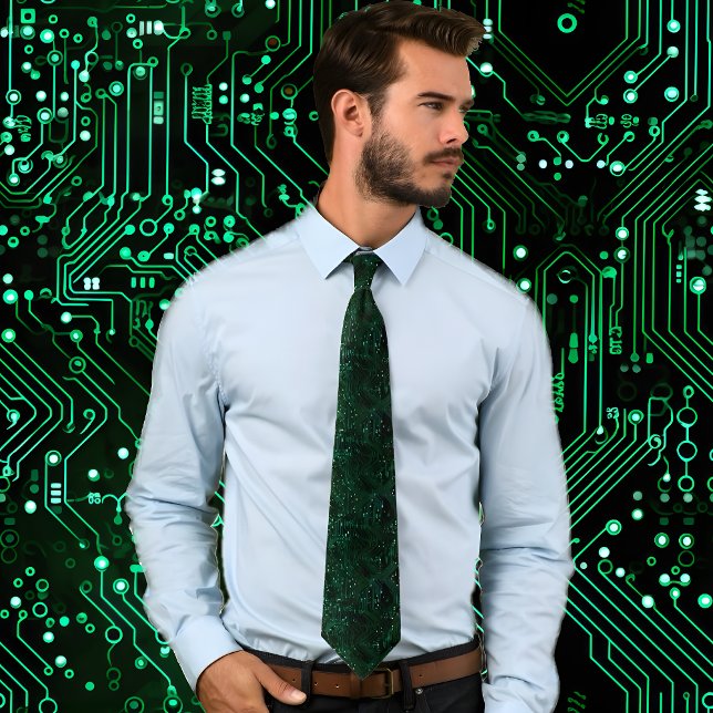 Green Electronic Circuit Board Pattern Neck Tie (Man wearing Green Electronic Circuit Board Pattern Neck Tie stands against background matching tie.)