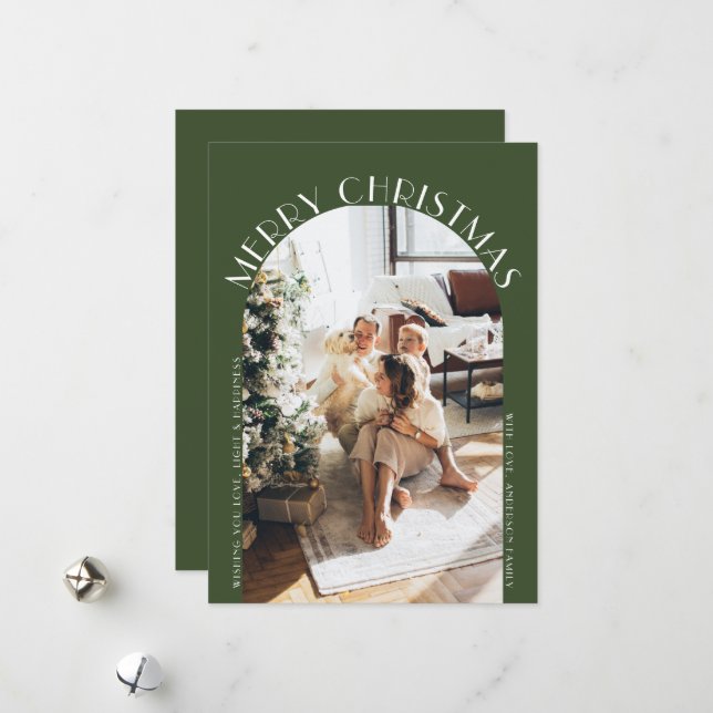 Green Elegant Arch Curve Merry Christmas Photo Holiday Card (Front/Back In Situ)