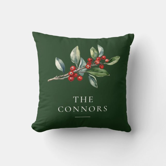 Green Elegant Christmas Botanical Reversible Throw Pillow (Front)