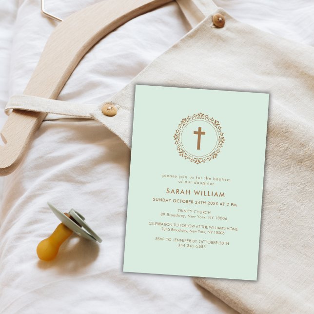 Green Elegant Classic Cross Wreath Baptism  Invitation (Green Elegant Classic Cross Wreath Baptism Invitation)