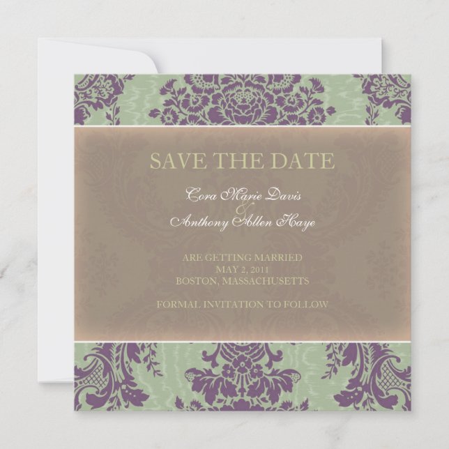 Green Elegant Damask Save the date Announcement (Front)