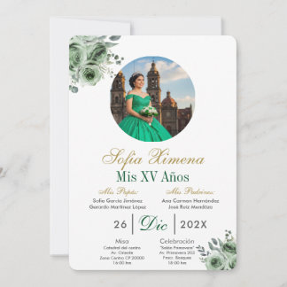 Green elegant dress Quinceañera Invitation