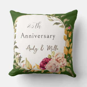 Green Elegant Floral Wreath 25th Wedding  Throw Pillow