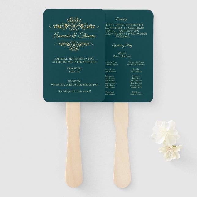 Green Elegant Frame Stylish Wedding Program Hand Fan (Front and Back)