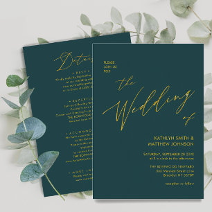 Green Elegant Gold Script All In One Wedding Invitation
