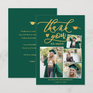Green Elegant Gold Script Photo Collage Graduation Thank You Card