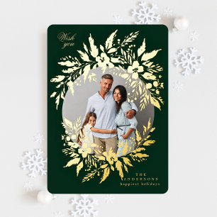 green elegant gold wreath photo merry christmas foil holiday card