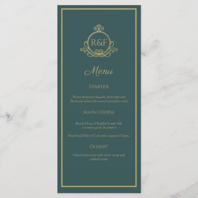 Green Elegant Golden Calligraphy Wedding Menu (Front)