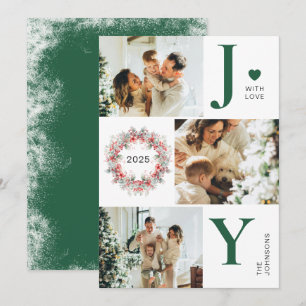 Green Elegant Holly Berries 3 Photo Joy Christmas Holiday Card