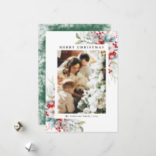 Green Elegant Holly Berries Merry Christmas Photo Holiday Card