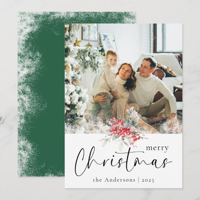 Green Elegant Merry Christmas Script Family Photo Holiday Card (Front/Back)