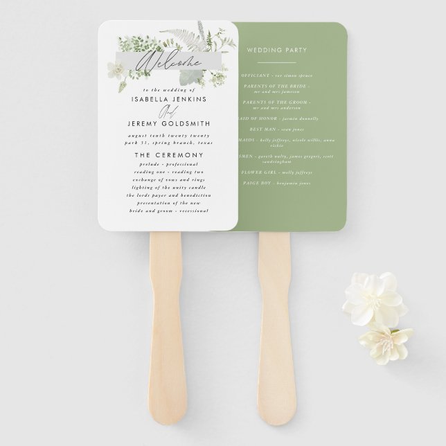 Green elegant modern botanical script wedding hand hand fan (Front and Back)