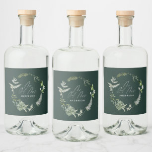 Green elegant modern botanical script wedding liquor bottle label