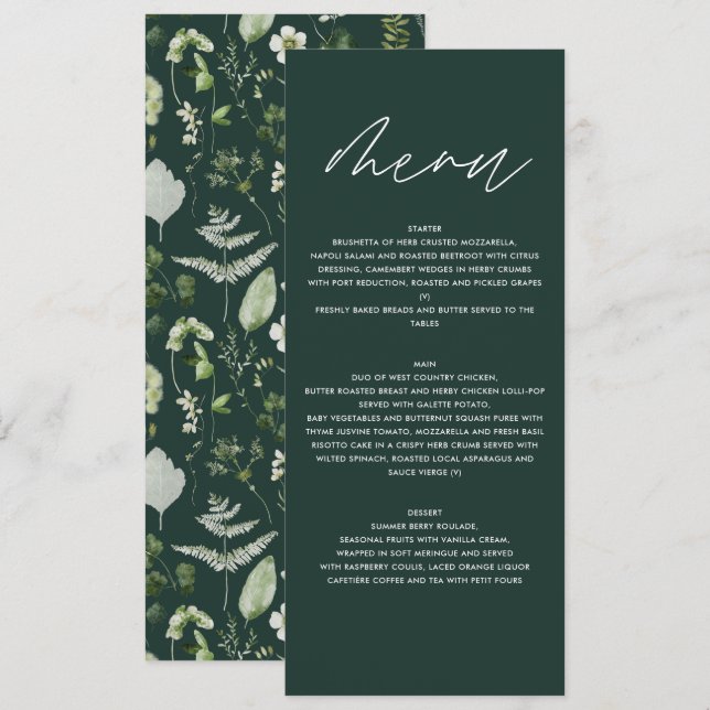 Green elegant modern botanical script wedding menu (Front/Back)