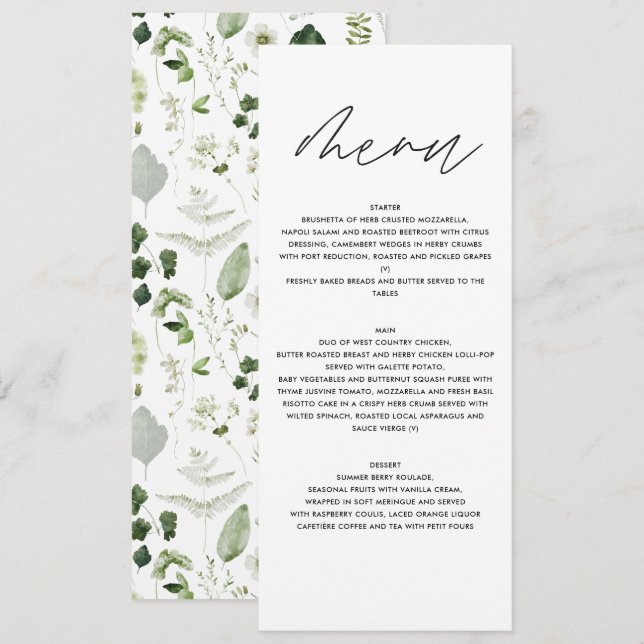 Green elegant modern botanical script wedding menu (Front/Back)