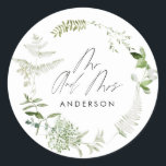 Green elegant modern botanical script wedding pape classic round sticker<br><div class="desc">Rustic modern natural monochrome green floral and botanical wedding decor Mr and Mrs paper plates. With beautiful script text and sage green,  grey and white foliage watercolor details. This modern wedding collection is sure to set the style for your big day.</div>