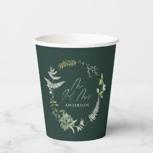 Green elegant modern botanical script wedding paper cups