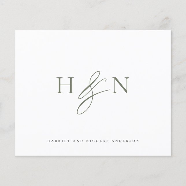 Green Elegant Monogram Wedding Thank You Card (Front)