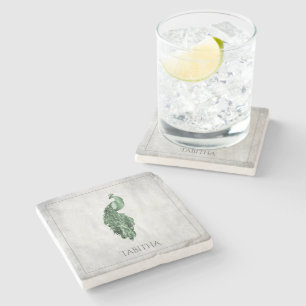 Green Elegant Peacock Personalized Stone Coaster