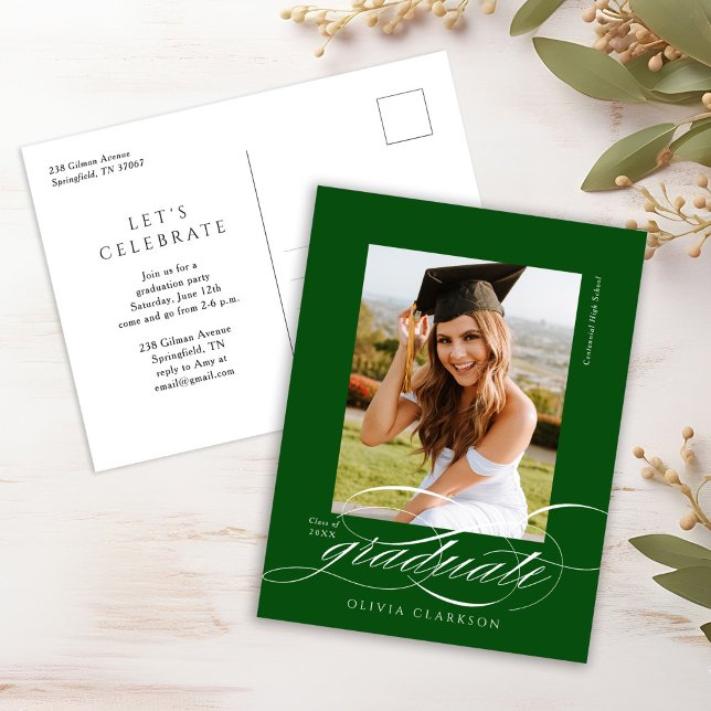 Green Elegant Script Graduation Party Invitation Postcard (Creator Uploaded)