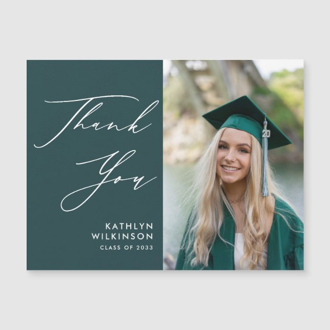 Green Elegant Script Photo Graduation Thank You (Front)