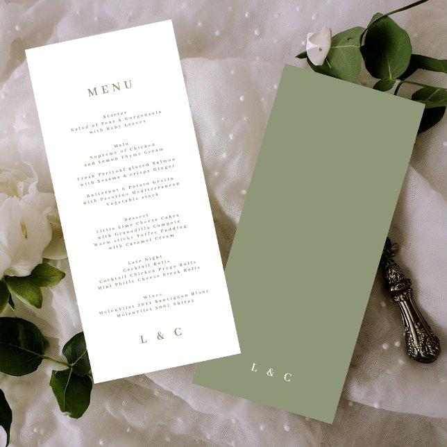 Green Elegant Simple Sage White Monogram Menu (Creator Uploaded)