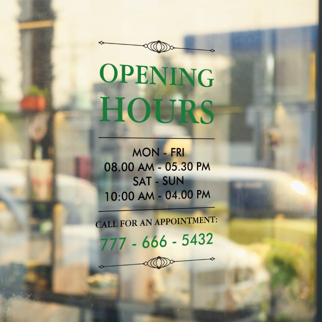Green Elegant Small Business Opening Hours Number Window Cling (Creator Uploaded)