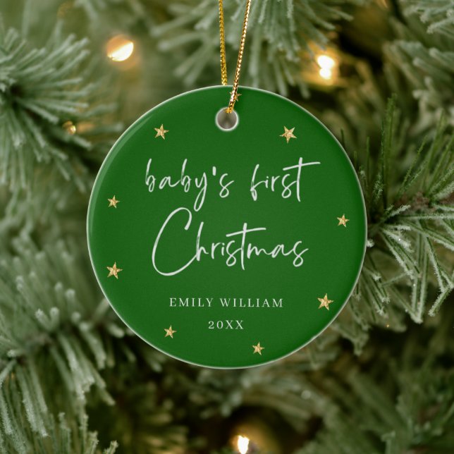 Green Elegant Star Photo Baby's Frist Christmas  Ceramic Ornament (Tree)