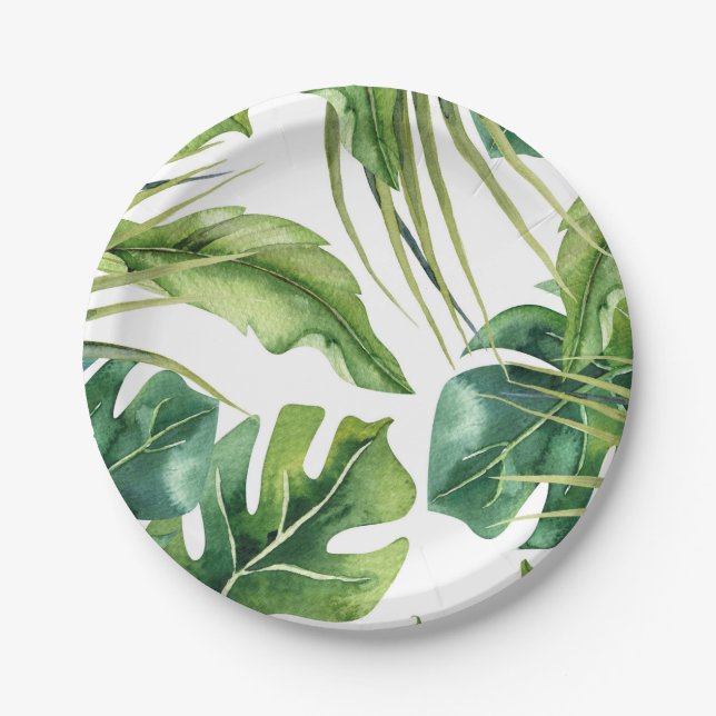 Green Elegant Tropical Summer Palm Leaves Wedding Paper Plate (Front)