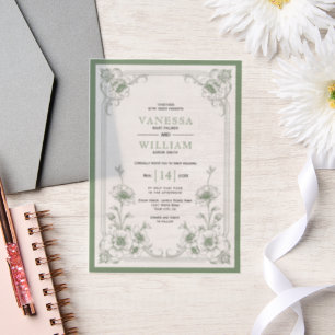 Green elegant vintage floral frame wedding vellum invitations