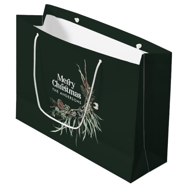 Green elegant watercolor botanical Christmas Large Gift Bag (Front Angled)