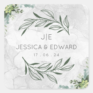 Green Elegant Wedding Watercolor Floral Couple Square Sticker