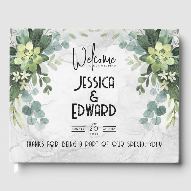 Green Elegant Wedding Watercolor Floral Minimal Guest Book (Front)