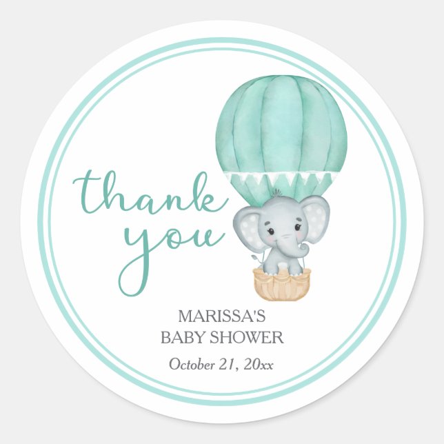 Green Elephant Baby Shower Classic Round Sticker (Front)
