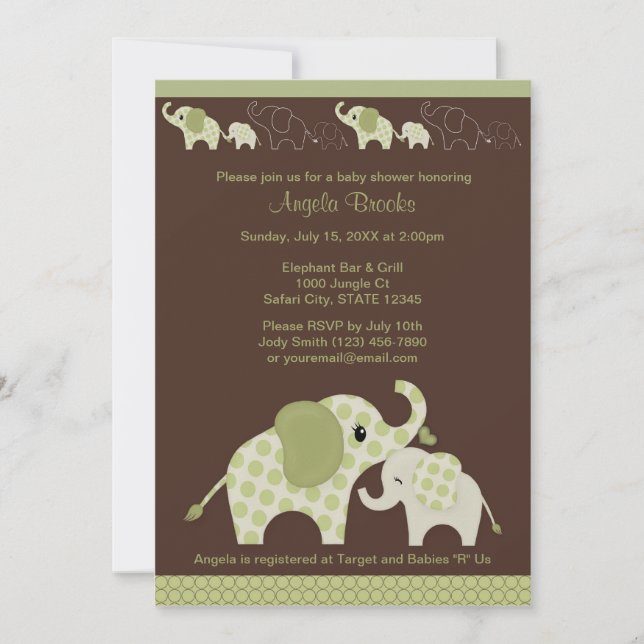 Green ELEPHANT Baby Shower Invitation CE-G Kiss (Front)