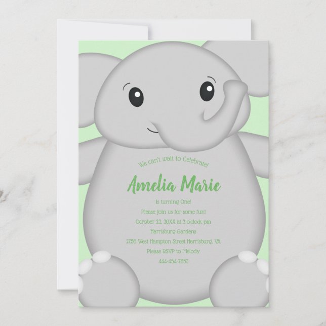 Green Elephant Birthday Party Invitation (Front)