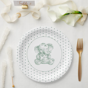 Green Elephant Polkadot Baby Shower Paper Plate
