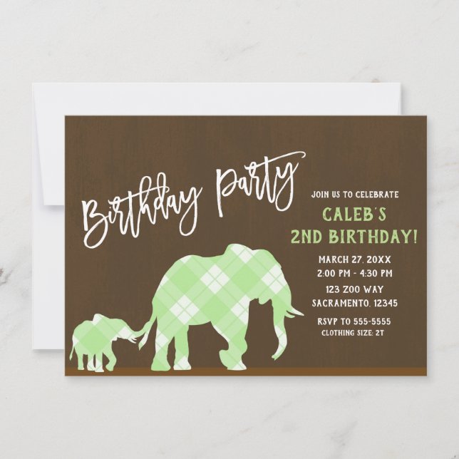 Green Elephants Brown Modern Birthday Party Invitation (Front)
