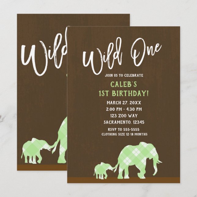 Green Elephants Brown Modern WILD ONE 1ST Birthday Invitation (Front/Back)
