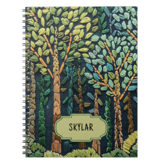 Green Embroidered Trees Leaves Nature Forest Blue Notebook