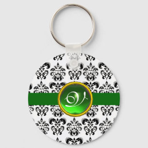 GREEN EMERALD DAMASK MONOGRAM, KEYCHAIN