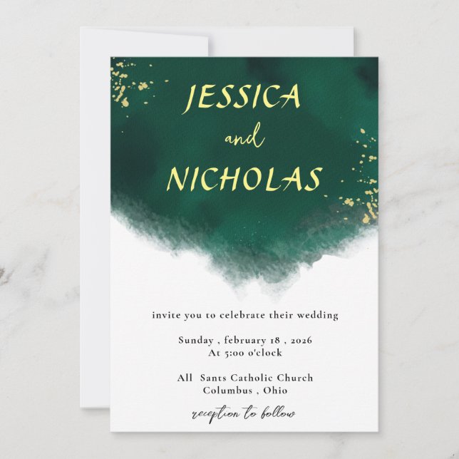 Green Emerald Watercolor Wedding Invitation (Front)