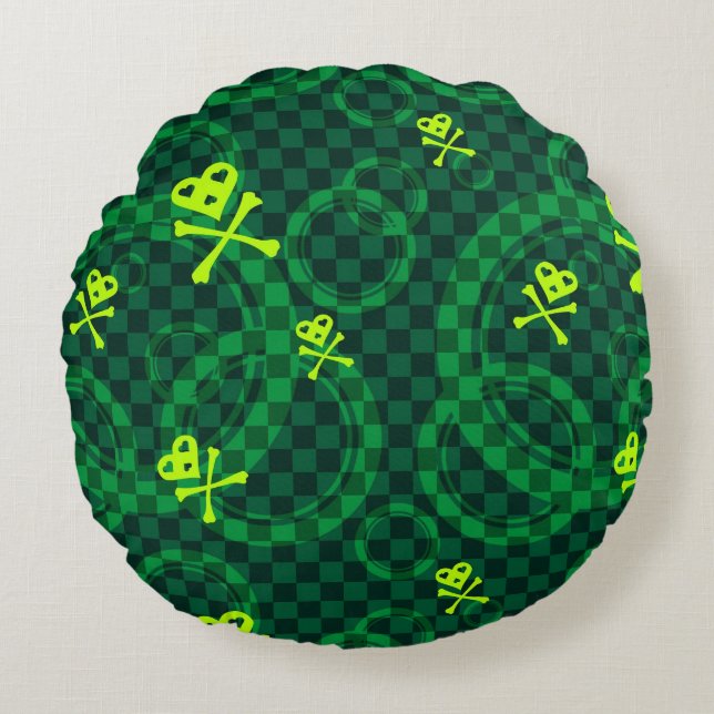 Green Emo Pattern With Circles Round Pillow (Front)