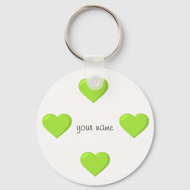 Green Emoji Hearts  and '' Your Name Here " Keychain (Front)